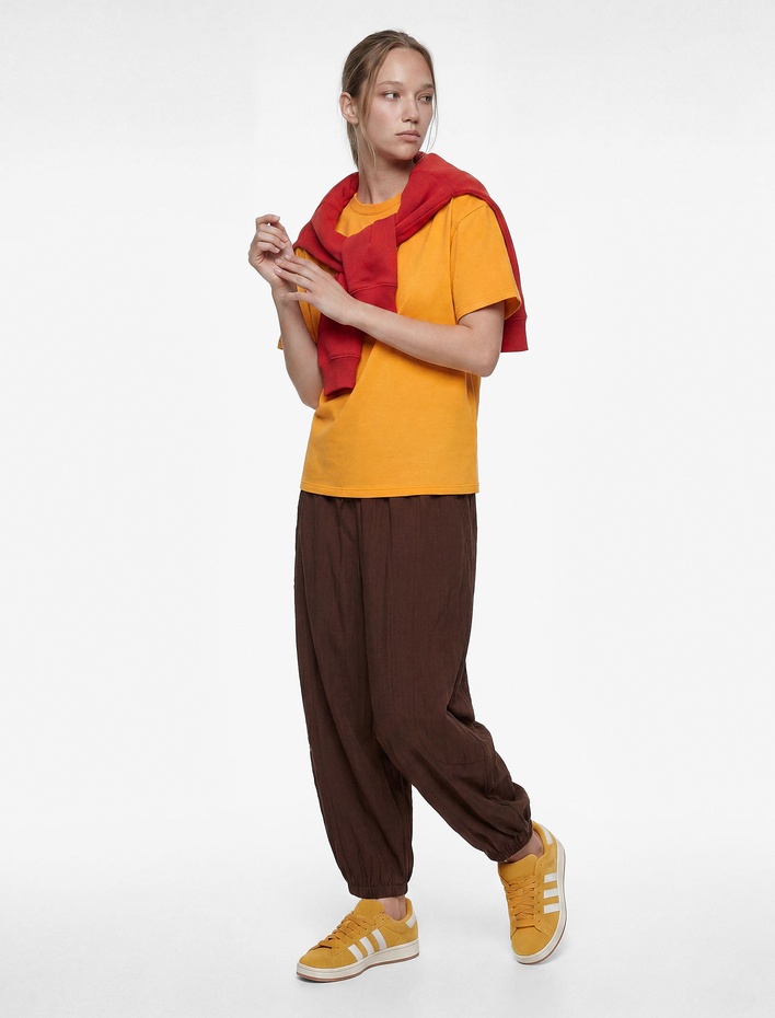  Viskon Rahat Kalıp Beli Lastikli Barrel Fit Balon Pantolon