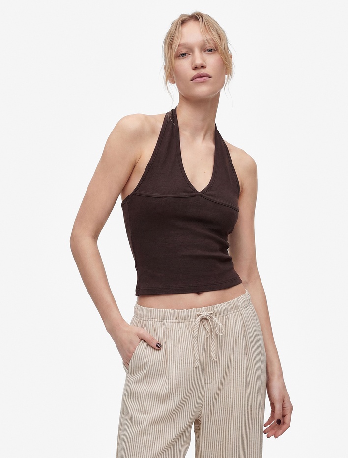  Pamuklu Dikiş Detaylı Kolsuz Slim Fit Crop Halter Yaka Bluz