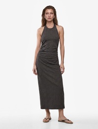 Bürümcük Kumaş Dokulu Slim Fit Sırt Detaylı Halter Yaka Midi Elbise