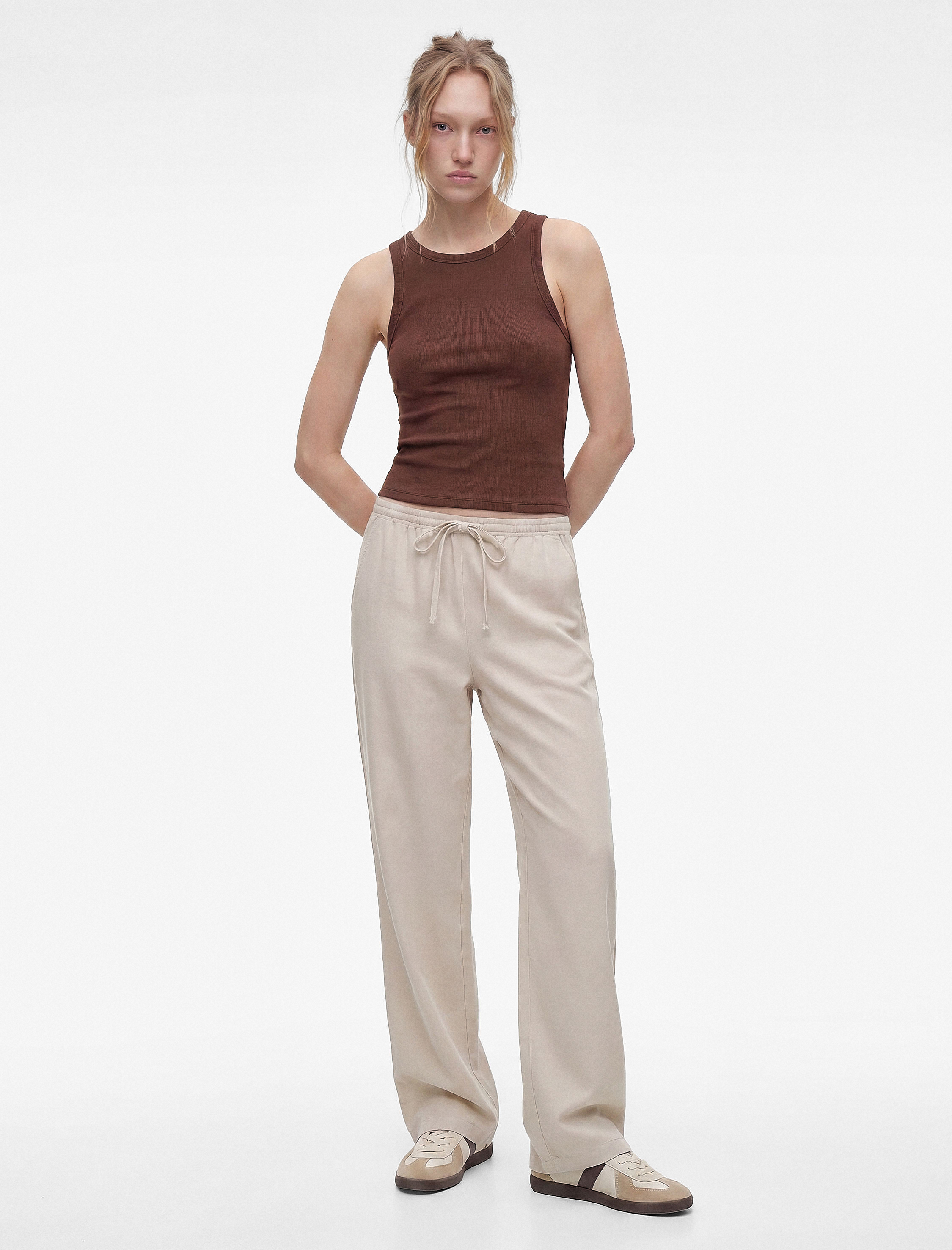   Viskon Keten Karışımlı Beli Bağcıklı Geniş Paça Pantolon