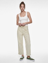 Çizgili Pamuklu Normal Bel Bağcık Detaylı Crop Wide Leg Pantolon