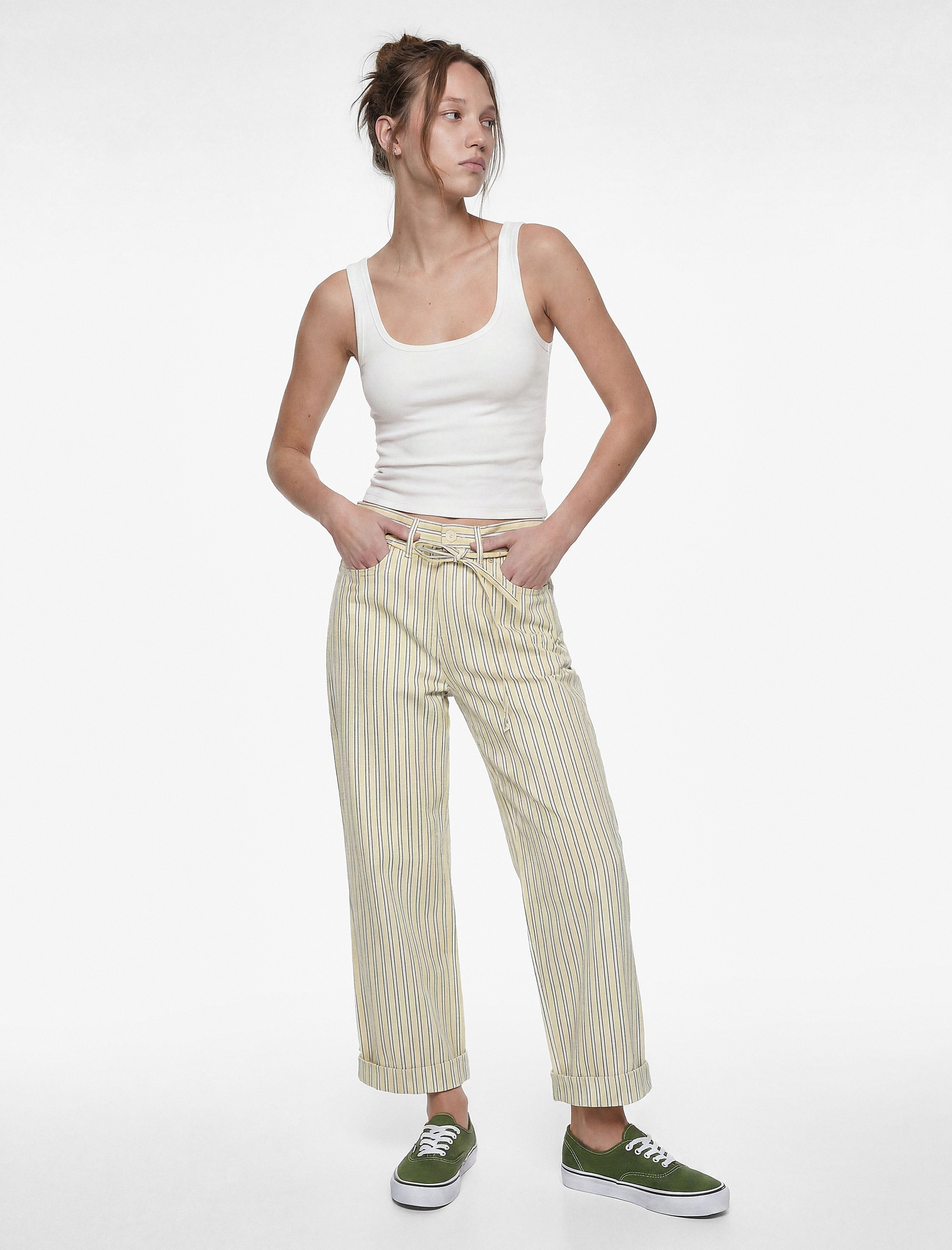   Çizgili Pamuklu Normal Bel Bağcık Detaylı Crop Wide Leg Pantolon