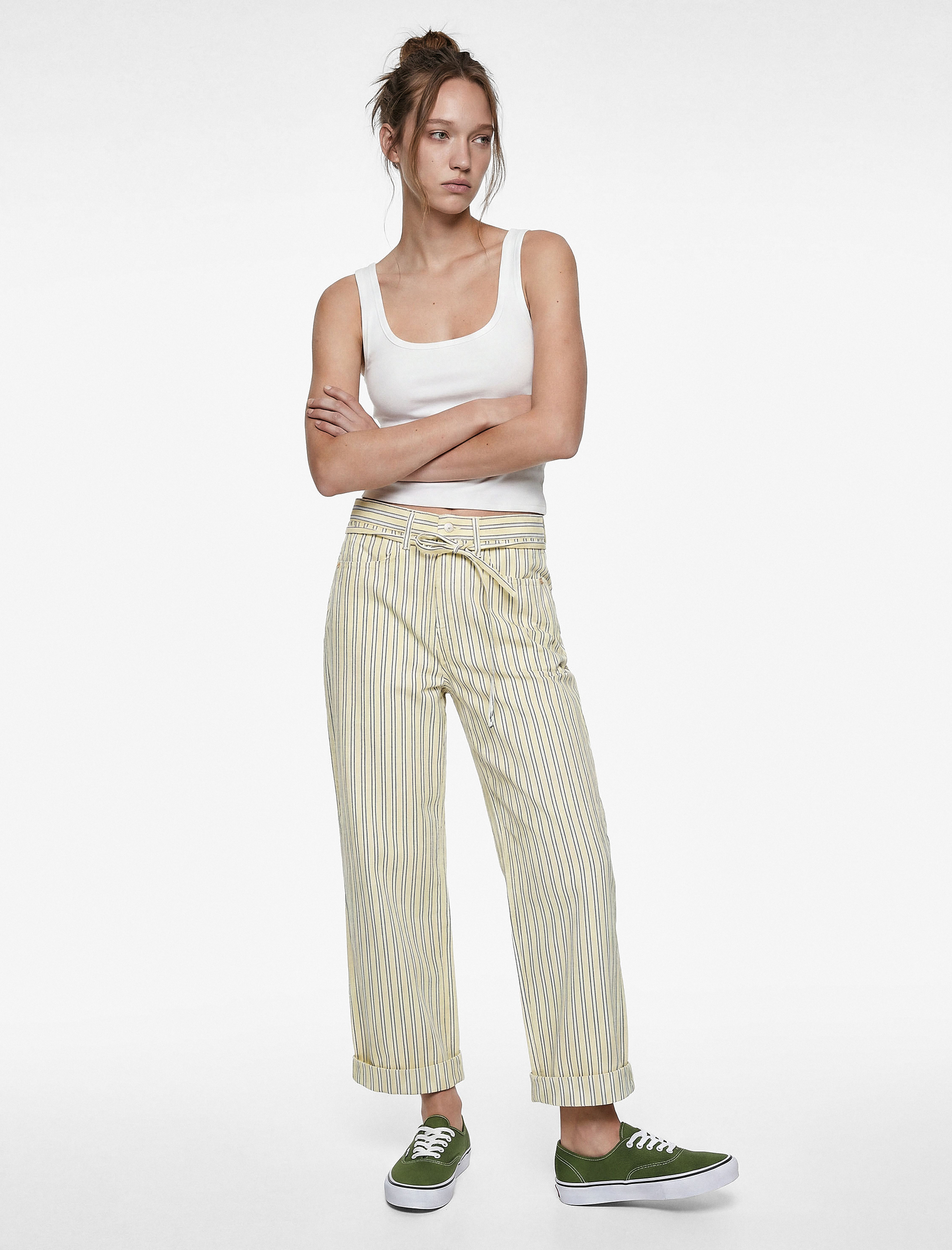   Çizgili Pamuklu Normal Bel Bağcık Detaylı Crop Wide Leg Pantolon