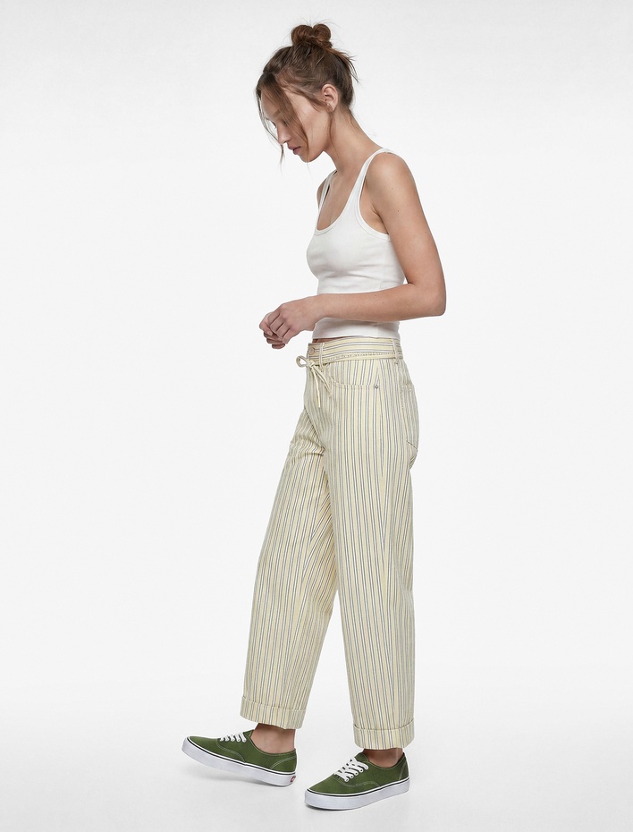  Çizgili Pamuklu Normal Bel Bağcık Detaylı Crop Wide Leg Pantolon