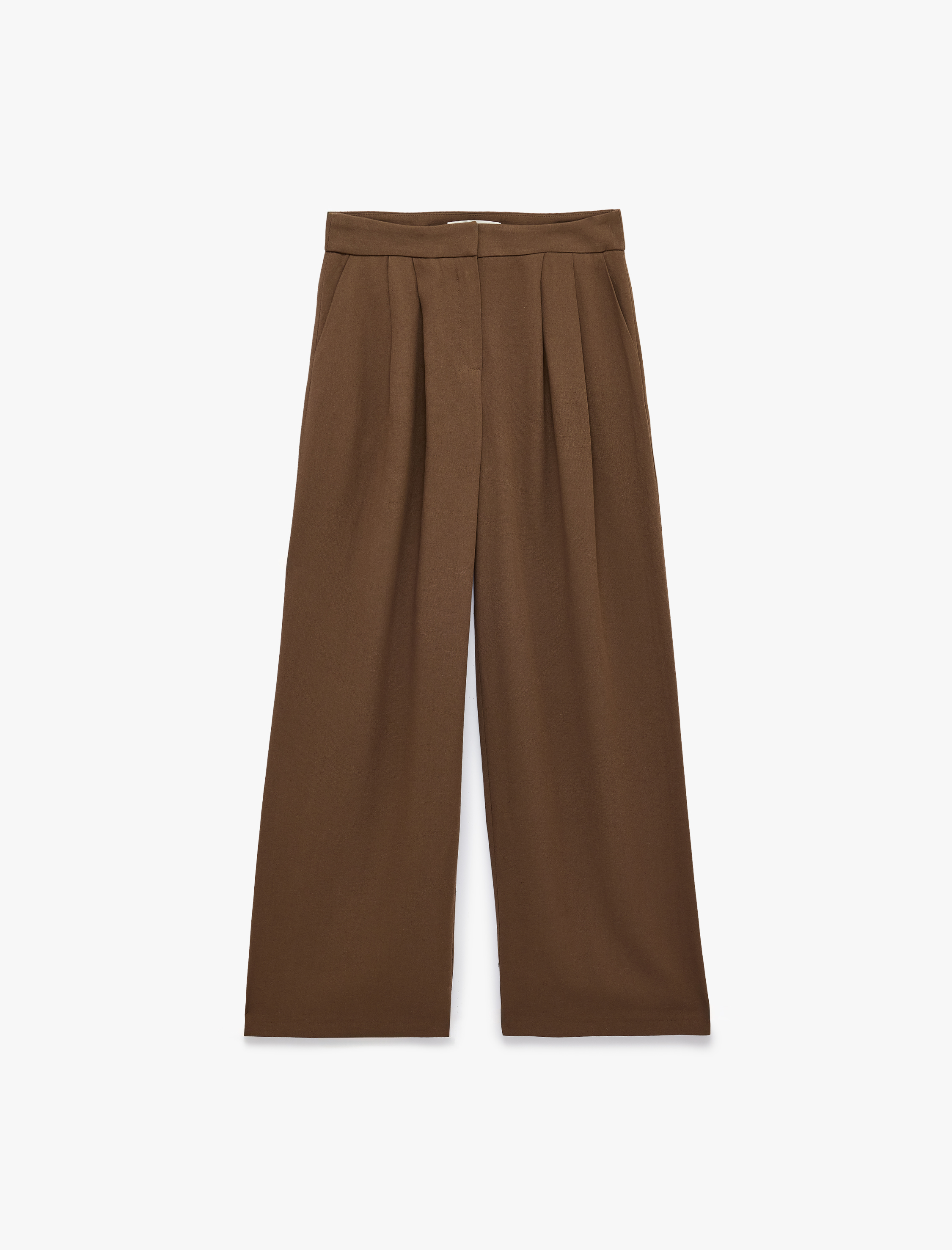   Rahat Kesim Keten Karışımlı Düz Bol Paça Pantolon
