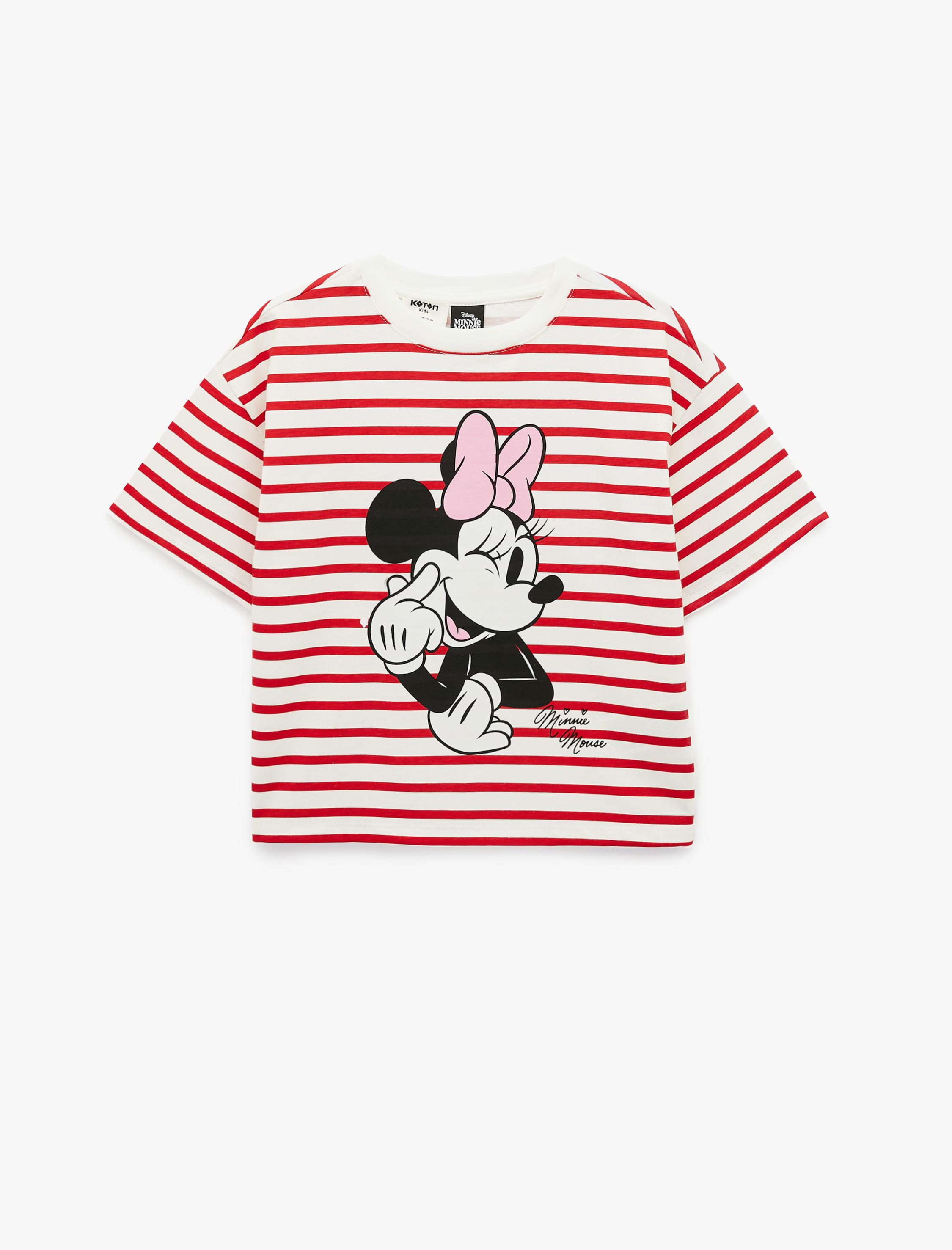  Kız Çocuk Lisanslı Minnie Mouse Baskılı Kısa Kollu Bisiklet Yaka Pamuklu Çizgili Tişört