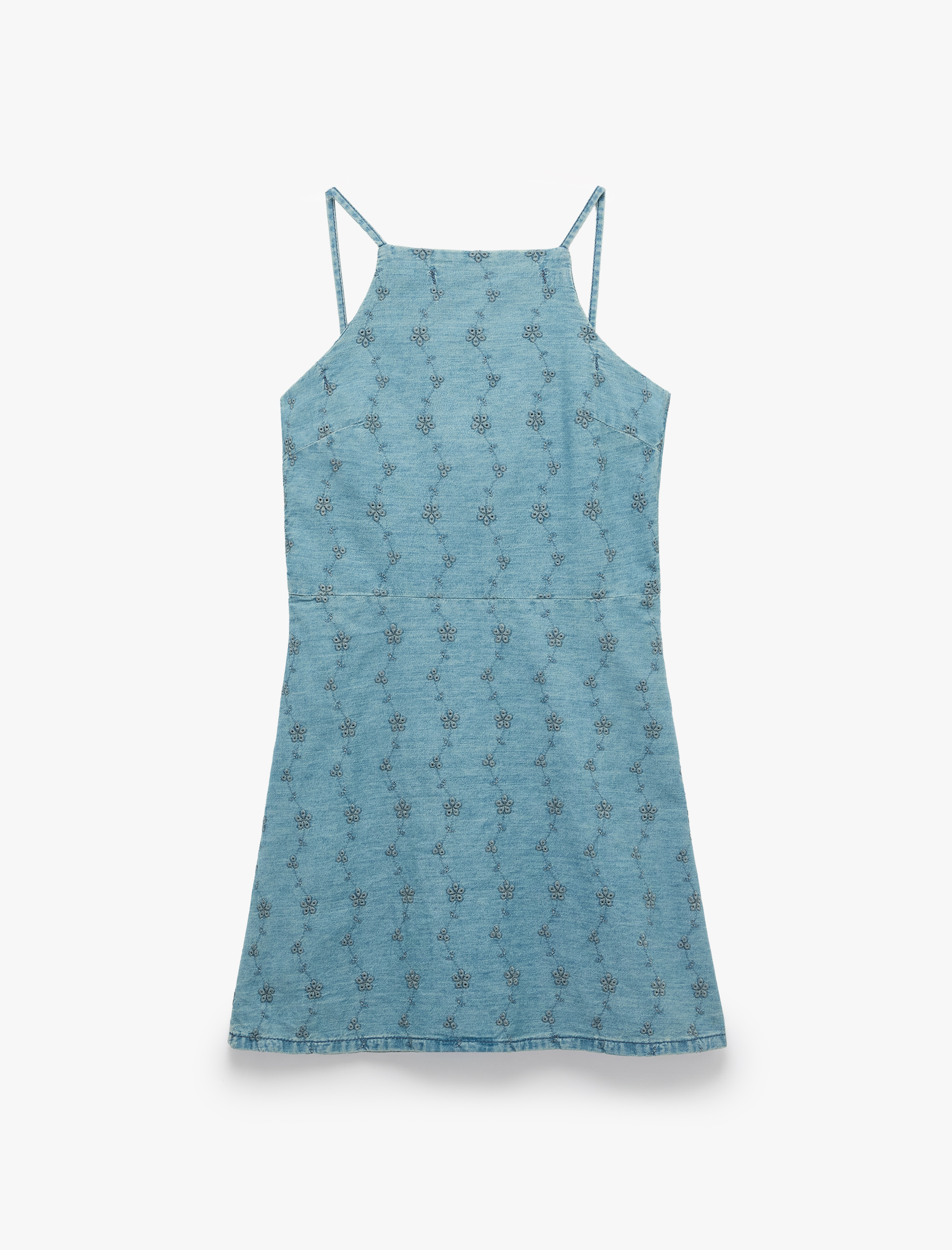   Pamuklu Kolsuz Halter Yaka Brodeli Mini Denim Elbise