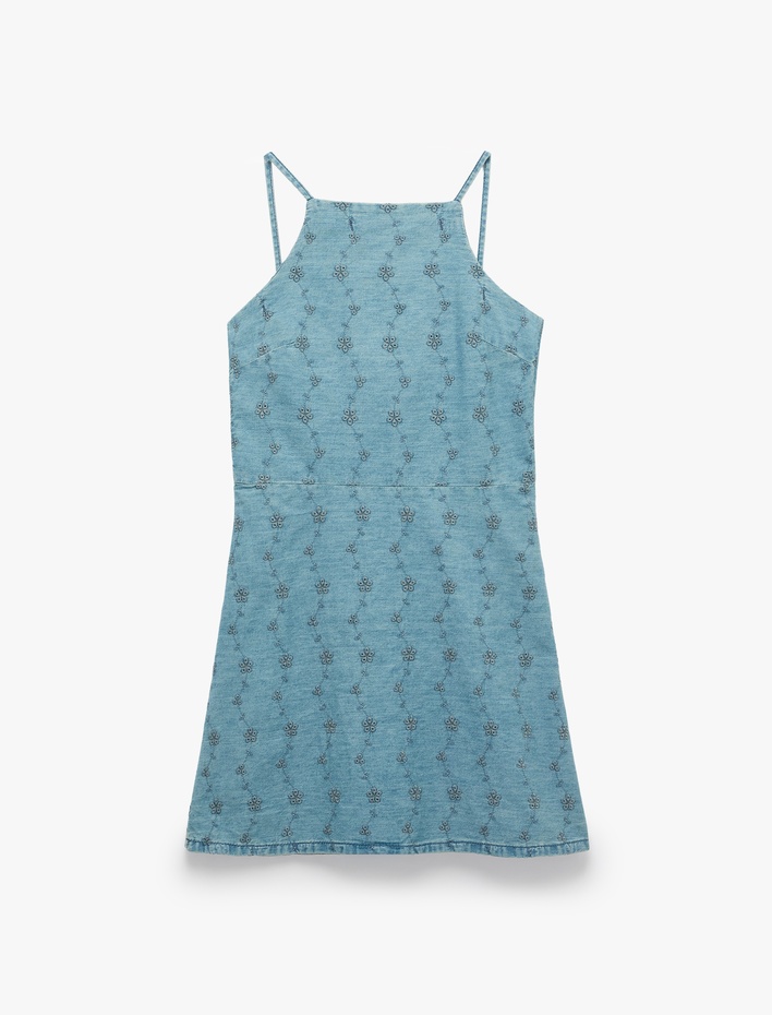  Pamuklu Kolsuz Halter Yaka Brodeli Mini Denim Elbise