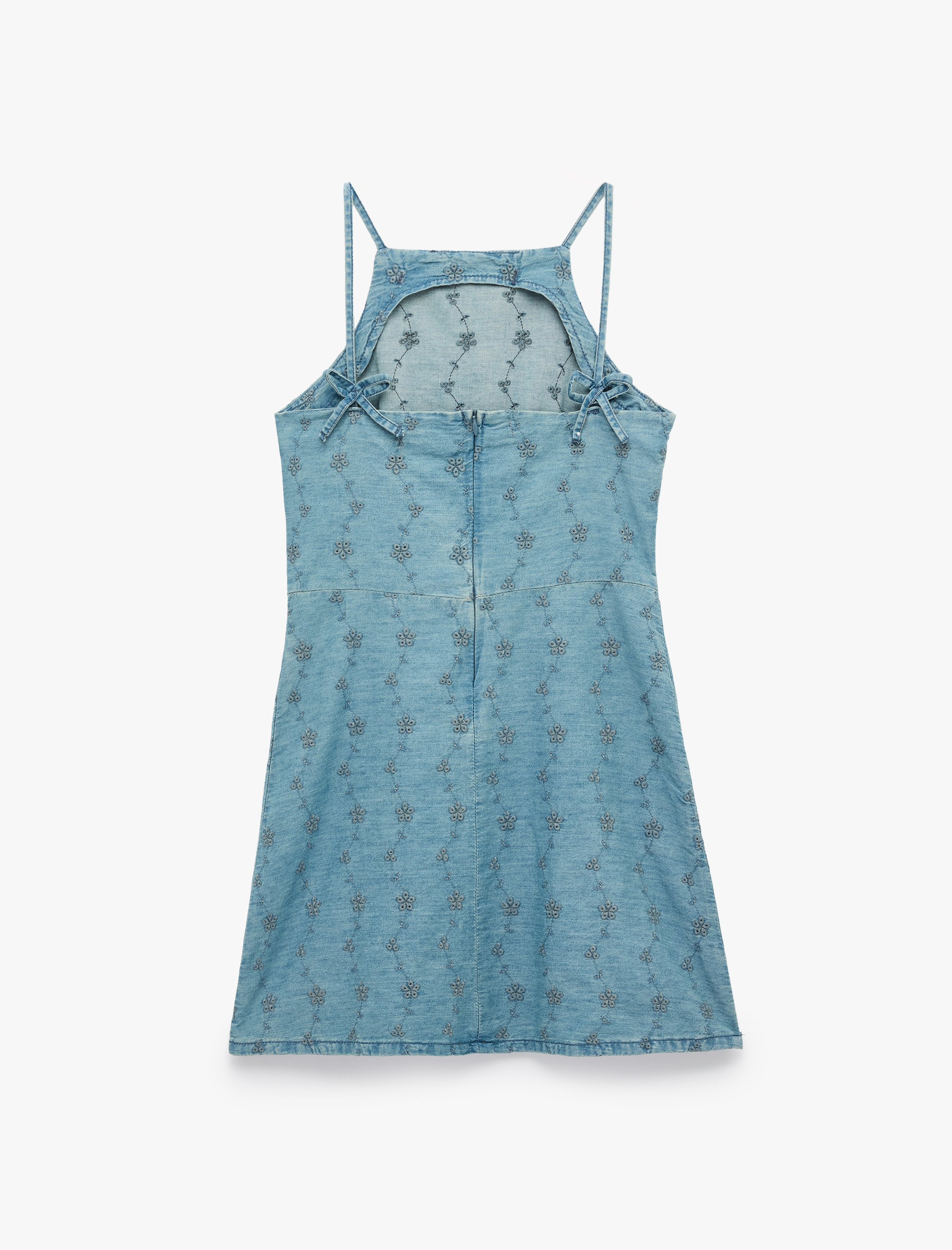   Pamuklu Kolsuz Halter Yaka Brodeli Mini Denim Elbise