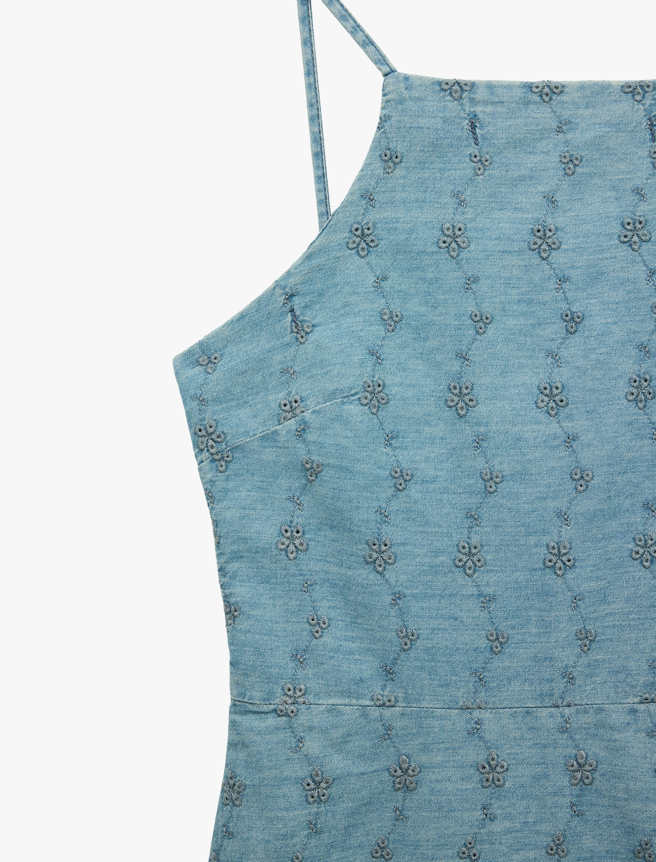   Pamuklu Kolsuz Halter Yaka Brodeli Mini Denim Elbise