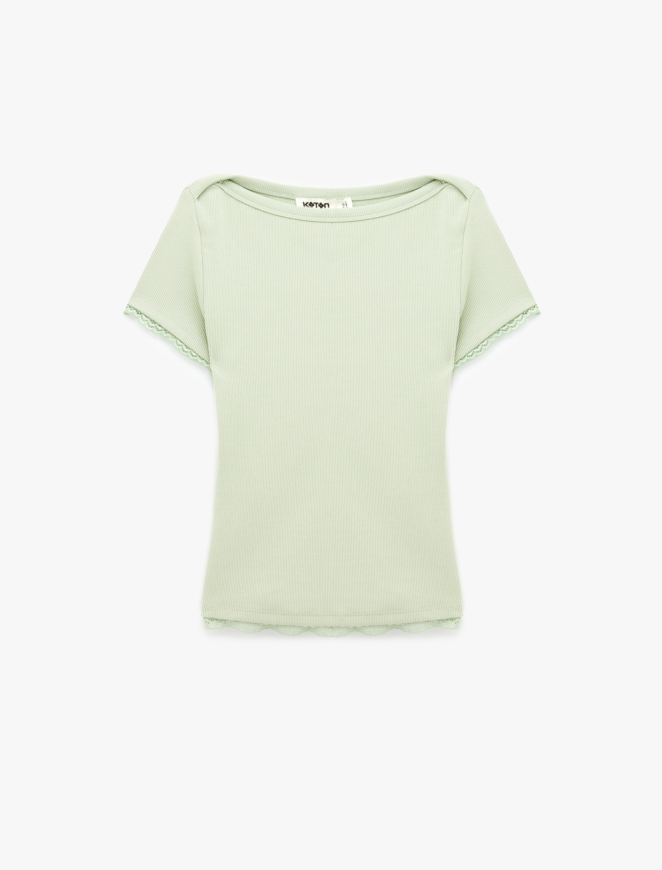   Pamuklu Slim Fit Dantel Detaylı Kısa Kollu Kayık Yaka Tişört