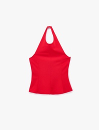Slim Fit Bel Vurgulu Halter Yaka Kolsuz Peplum Bluz