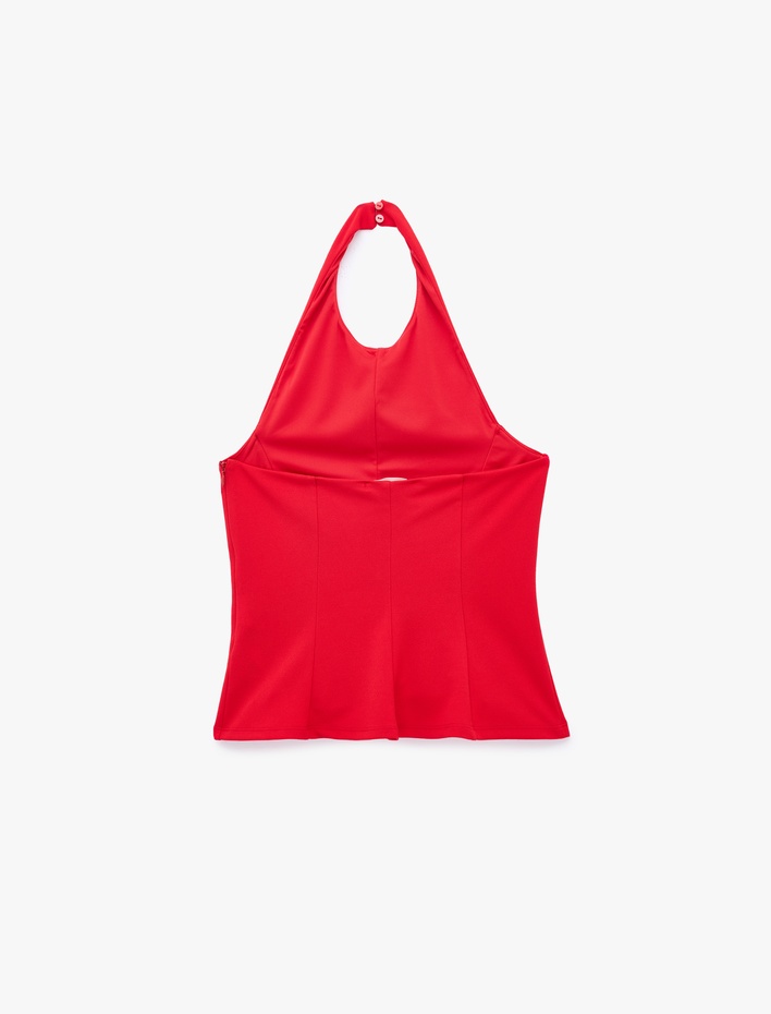  Slim Fit Bel Vurgulu Halter Yaka Kolsuz Peplum Bluz