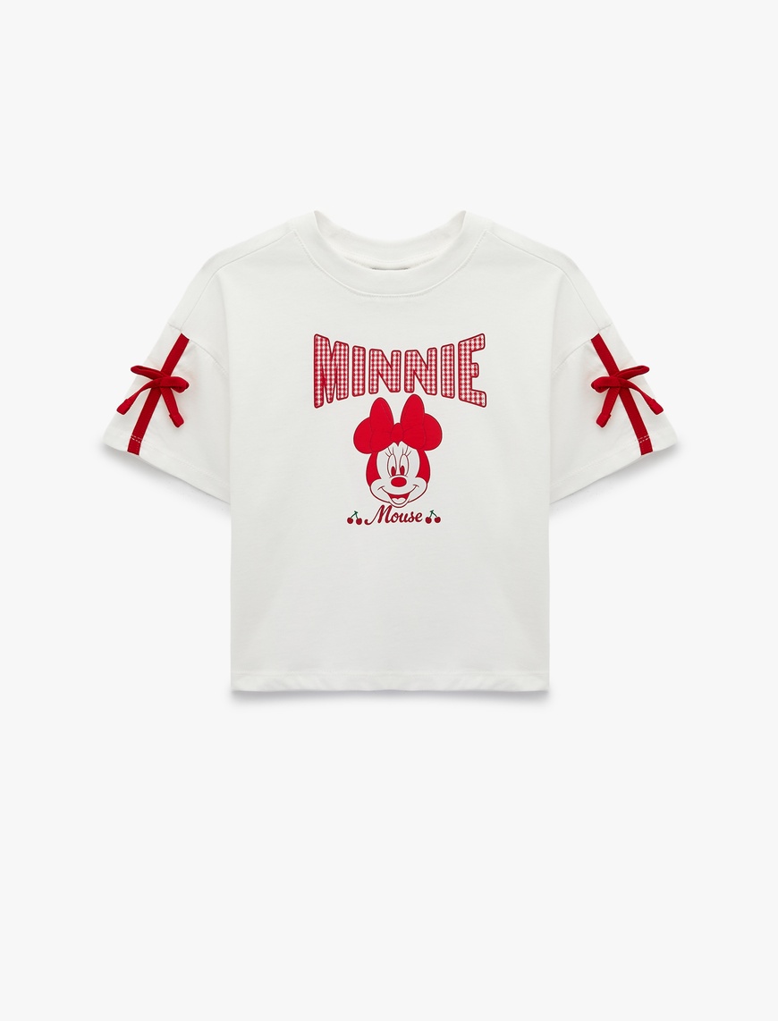 Koton Minnie Mouse Fiyonklu Bisiklet Yaka Kısa Kollu Pamuklu Lisanslı Tişört