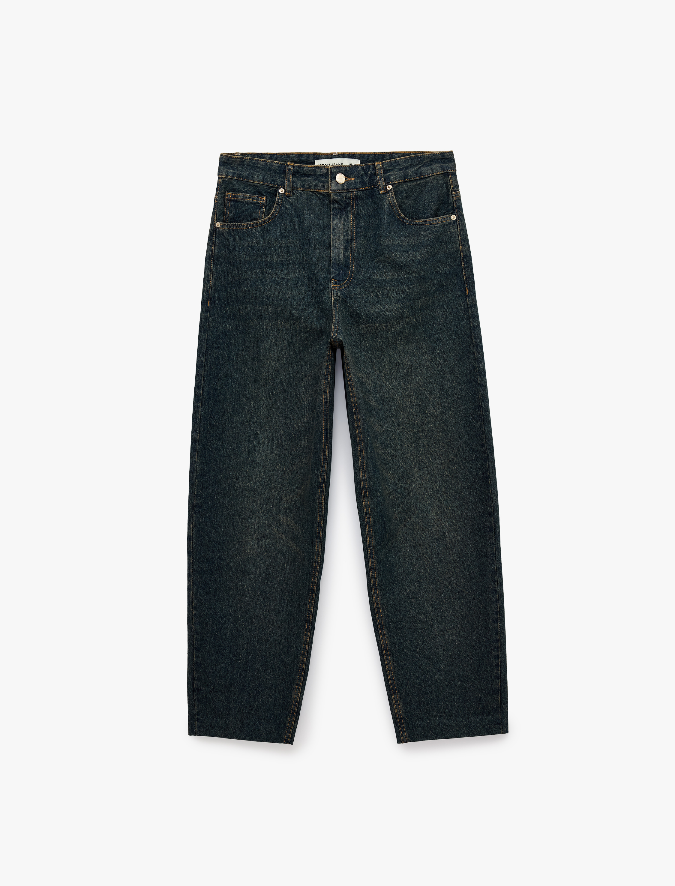   Pamuklu Düz Paça Cepli Düğmeli Normal Bel Barrel Denim Pantolon - Barrel Jeans