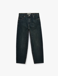 Pamuklu Düz Paça Cepli Düğmeli Normal Bel Barrel Denim Pantolon - Barrel Jeans