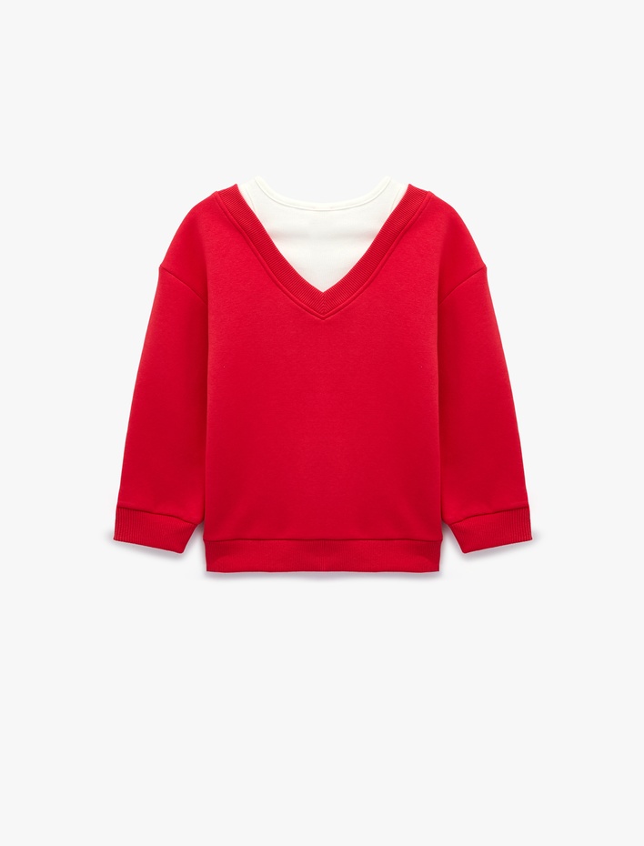 Kız Çocuk V Yaka Uzun Kollu Pamuklu Şardonlu Sweatshirt