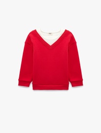 V Yaka Uzun Kollu Pamuklu Şardonlu Sweatshirt