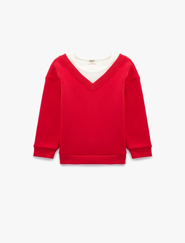Kız Çocuk V Yaka Uzun Kollu Pamuklu Şardonlu Sweatshirt