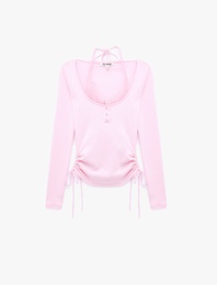 Pamuklu Büzgülü Slim Fit Uzun Kollu Halter Yaka İkili Tişört
