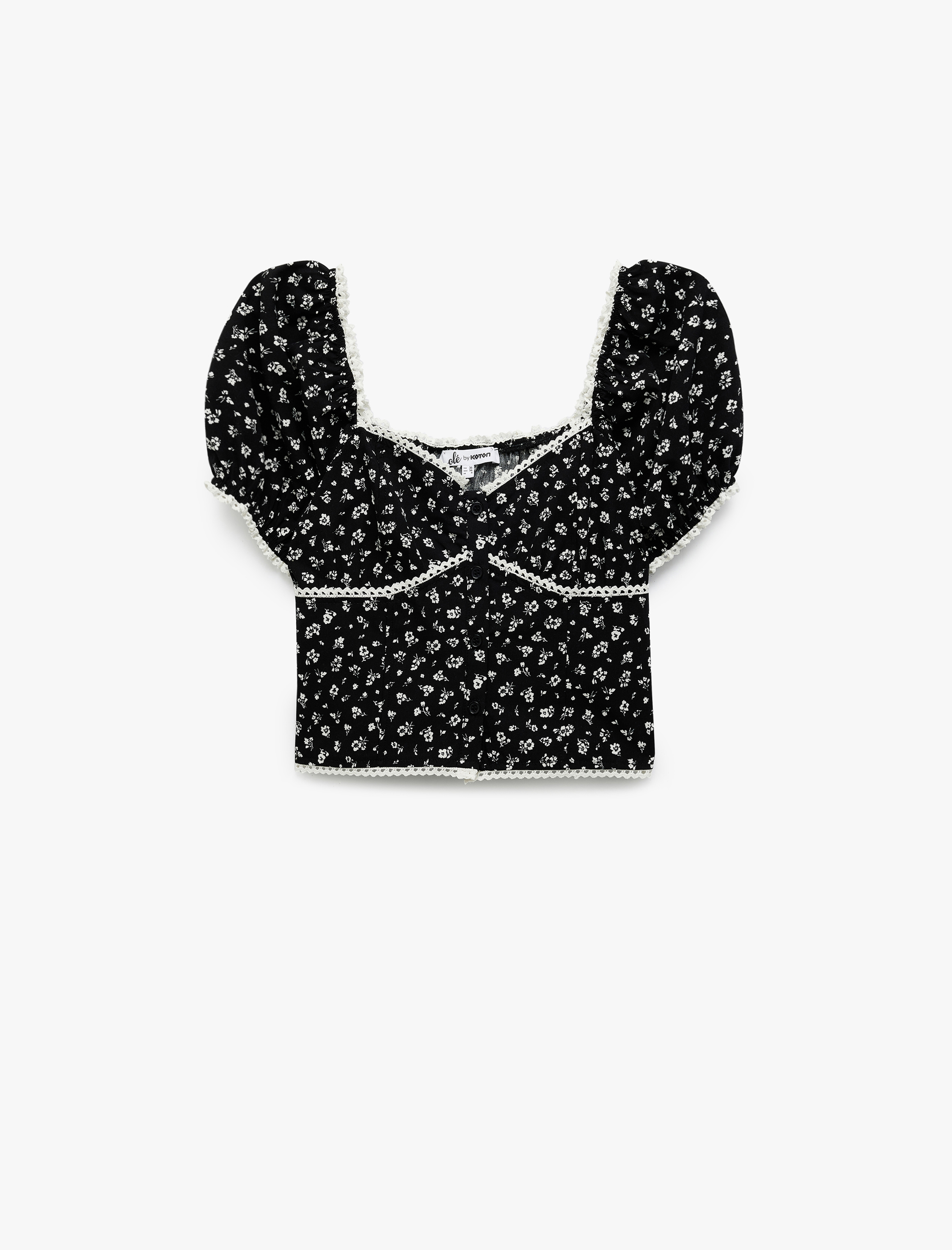   Kalp Yaka Kısa Balon Kollu Çiçekli Crop Bluz