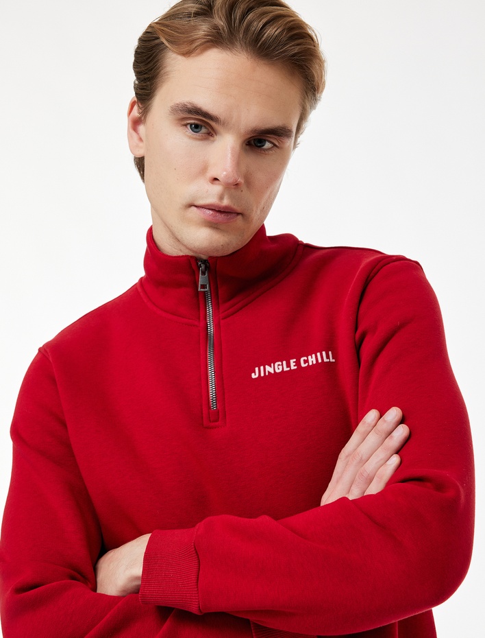  Uzun Kollu Şardonlu Yarım Fermuarlı Yılbaşı Baskılı Sweatshirt