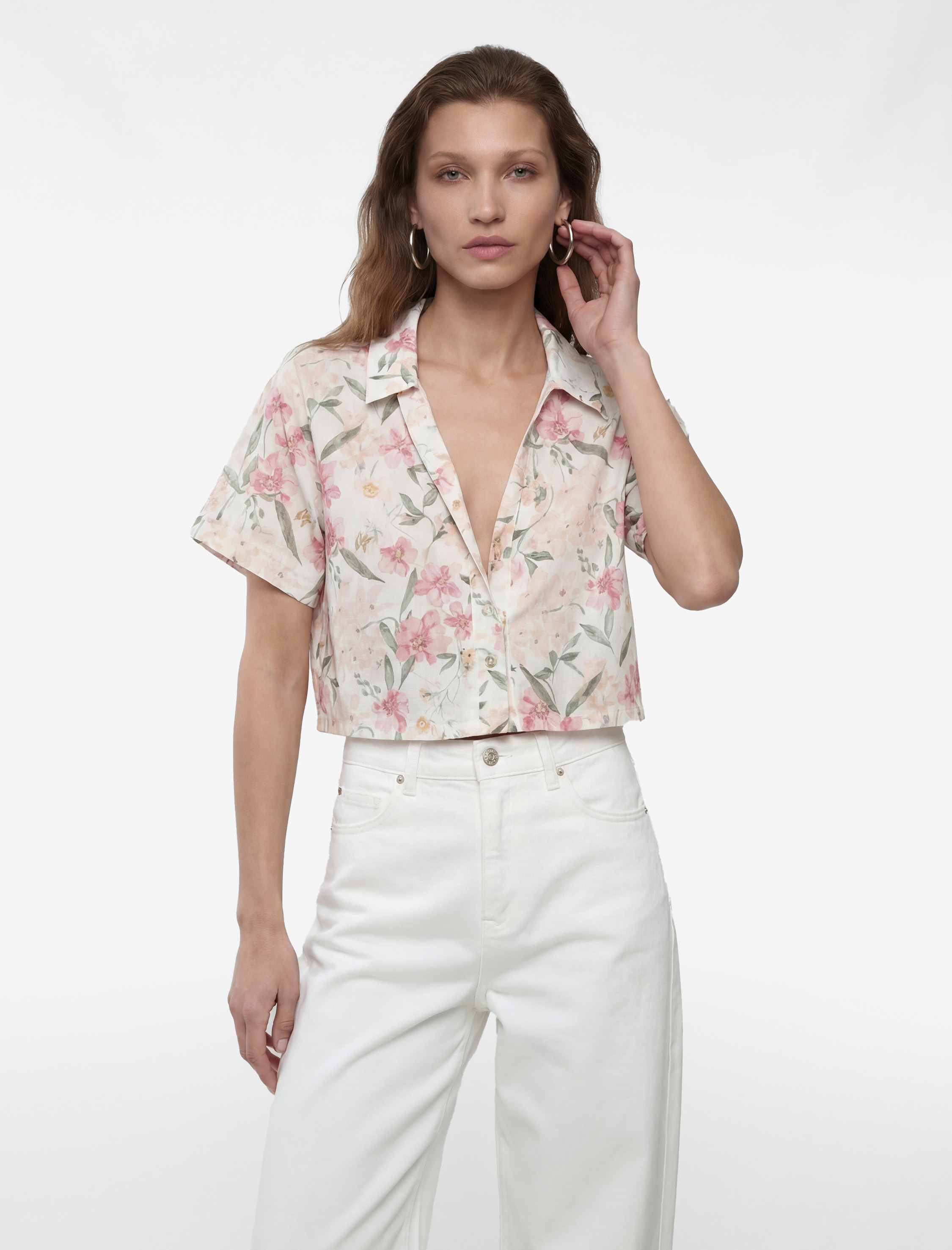   Regular Fit Kısa Kollu Çiçekli Crop Gömlek
