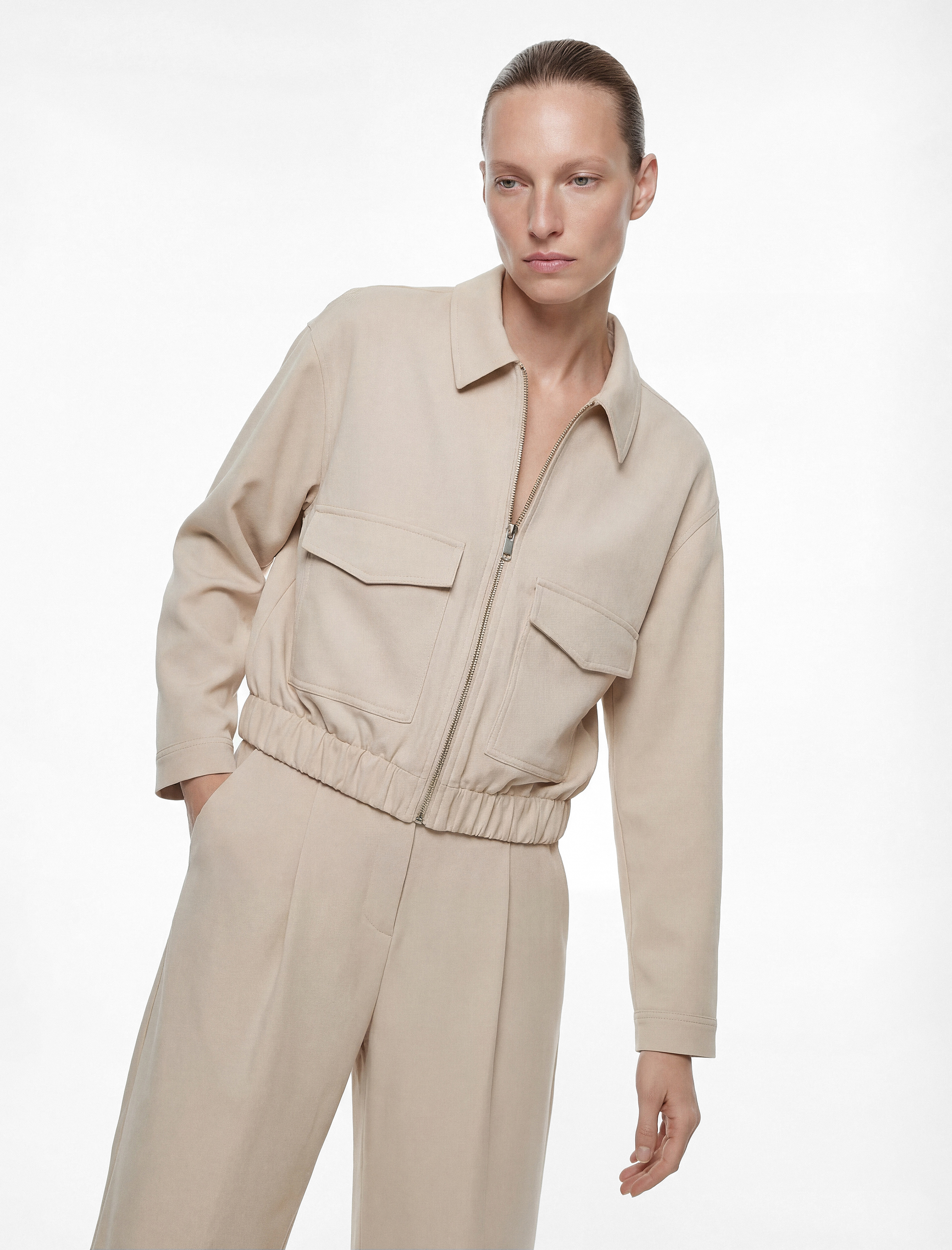   Uzun Kollu Cepli Fermuarlı Gabardin Crop Bomber Ceket