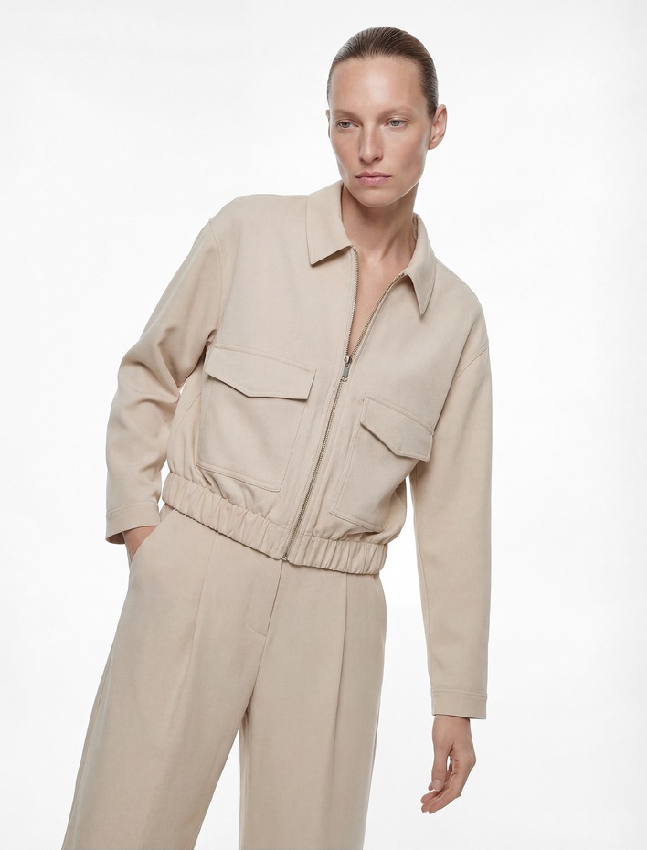  Uzun Kollu Cepli Fermuarlı Gabardin Crop Bomber Ceket
