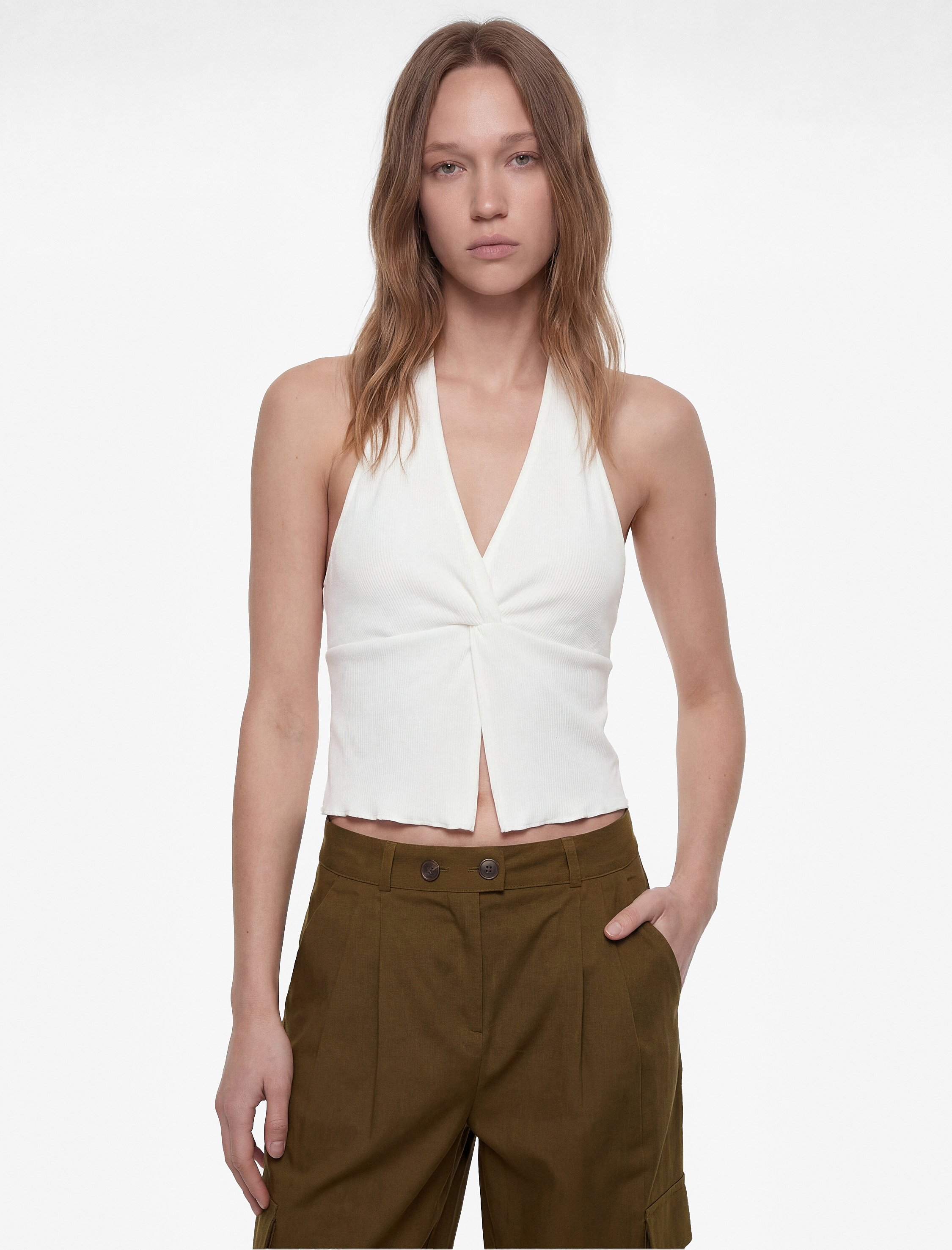  Bürümcük Kumaş Kolsuz Kruvaze Yaka Crop Bluz