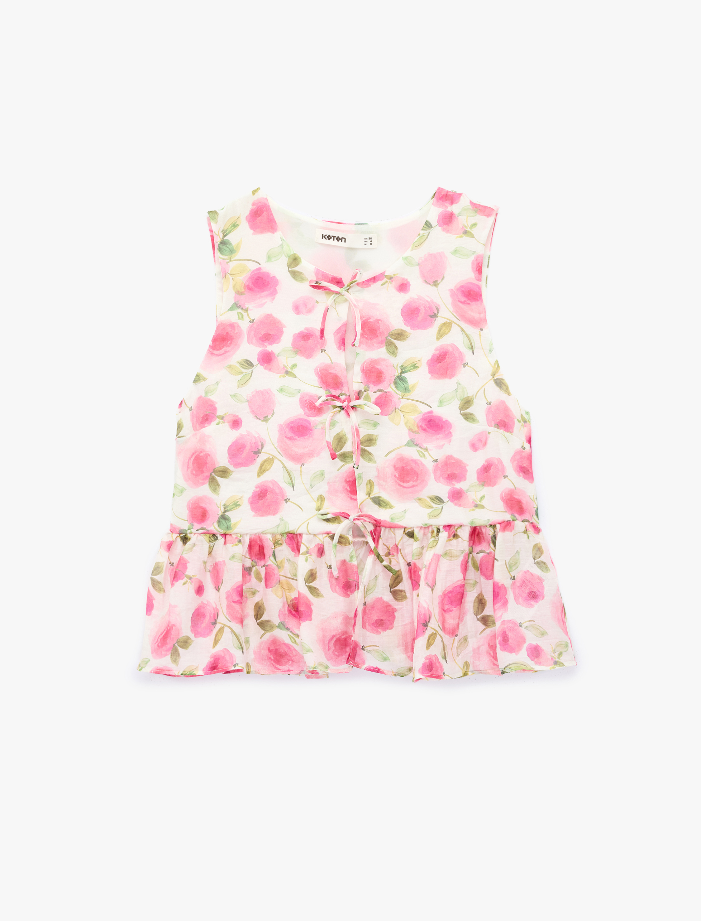   Önden Bağcıklı Fiyonklu Kolsuz Peplum Kesim Çizgili Çiçek Baskılı Şifon Bluz