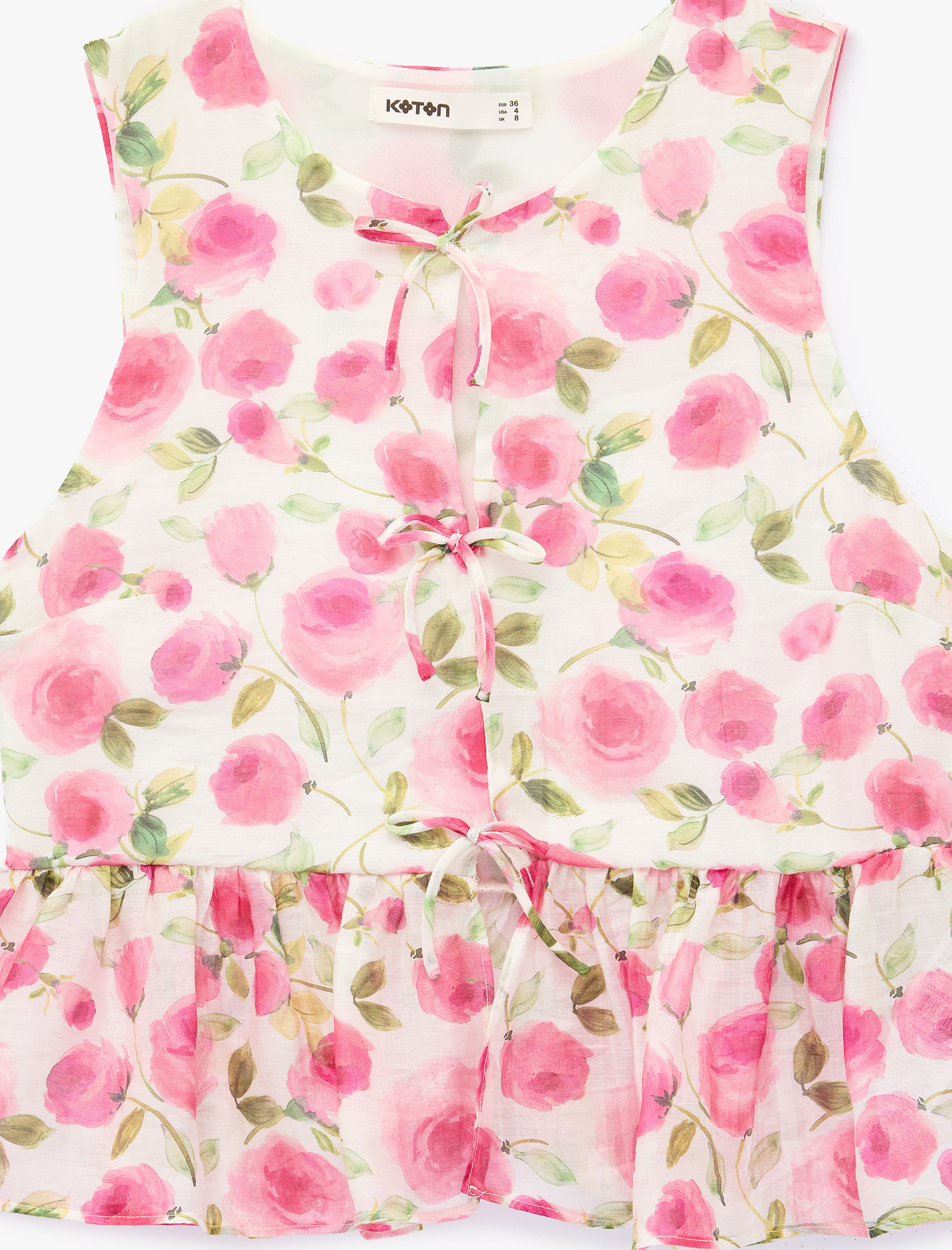   Önden Bağcıklı Fiyonklu Kolsuz Peplum Kesim Çizgili Çiçek Baskılı Şifon Bluz