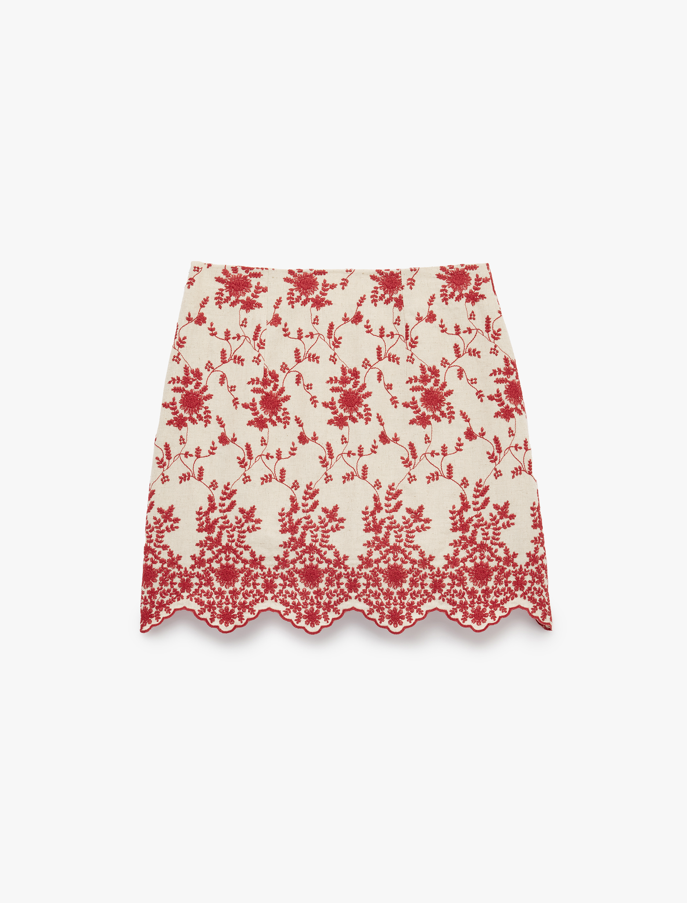   Keten Karışımlı Brodeli Floral Nakış Detaylı A Kesim Mini Etek