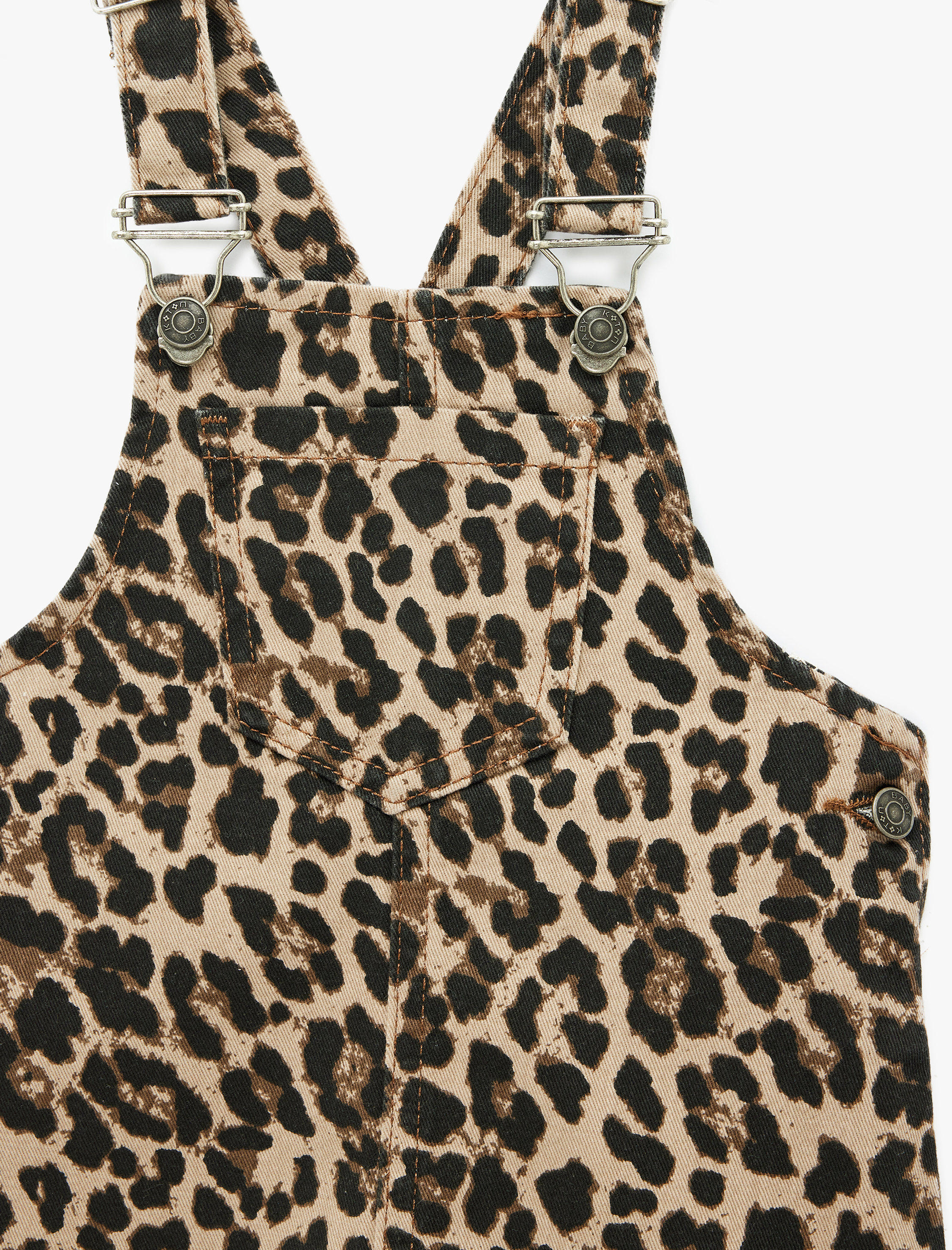  Kız Bebek Leopar Desenli Cepli Kare Yaka Askılı Denim Jile Elbise