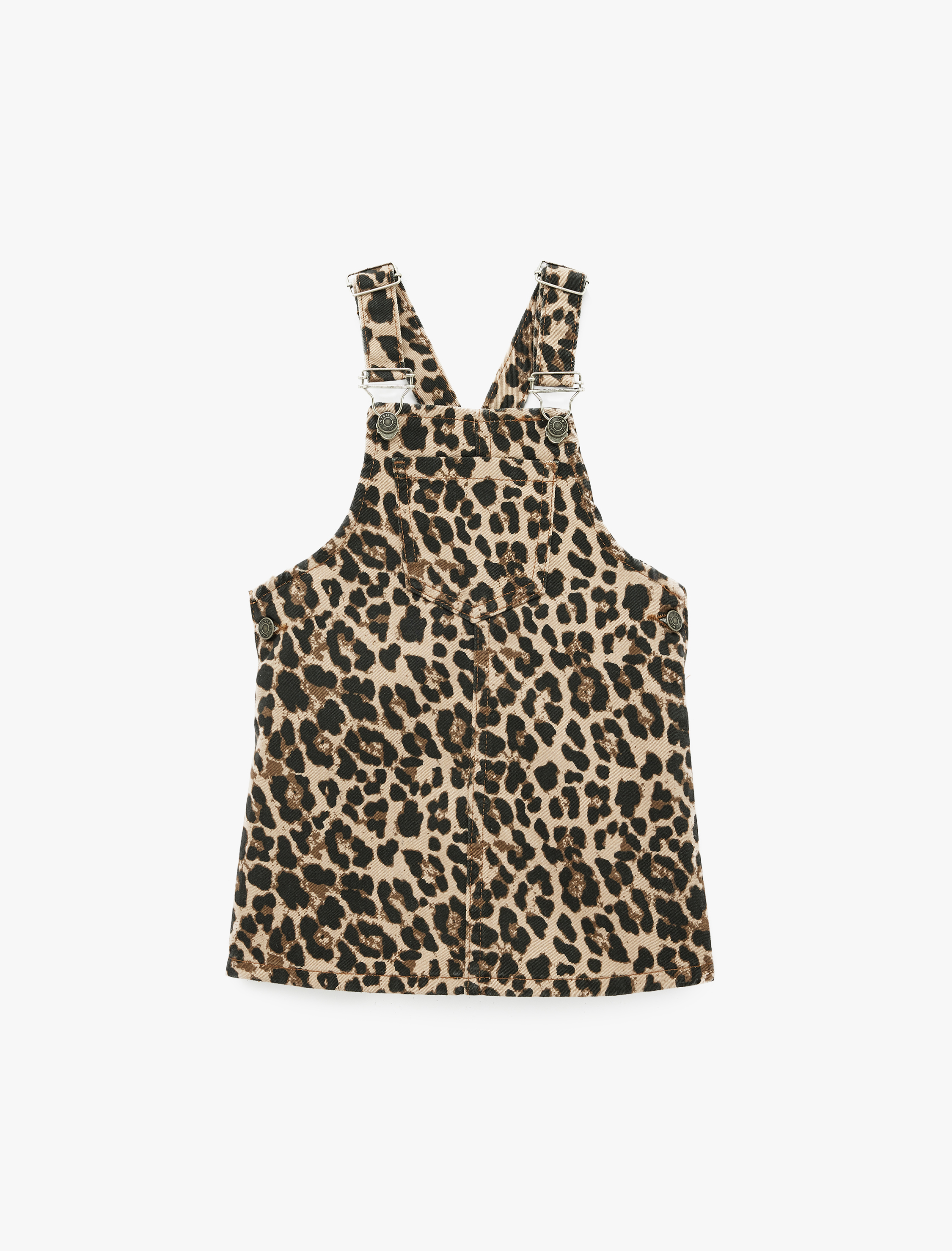  Kız Bebek Leopar Desenli Cepli Kare Yaka Askılı Denim Jile Elbise