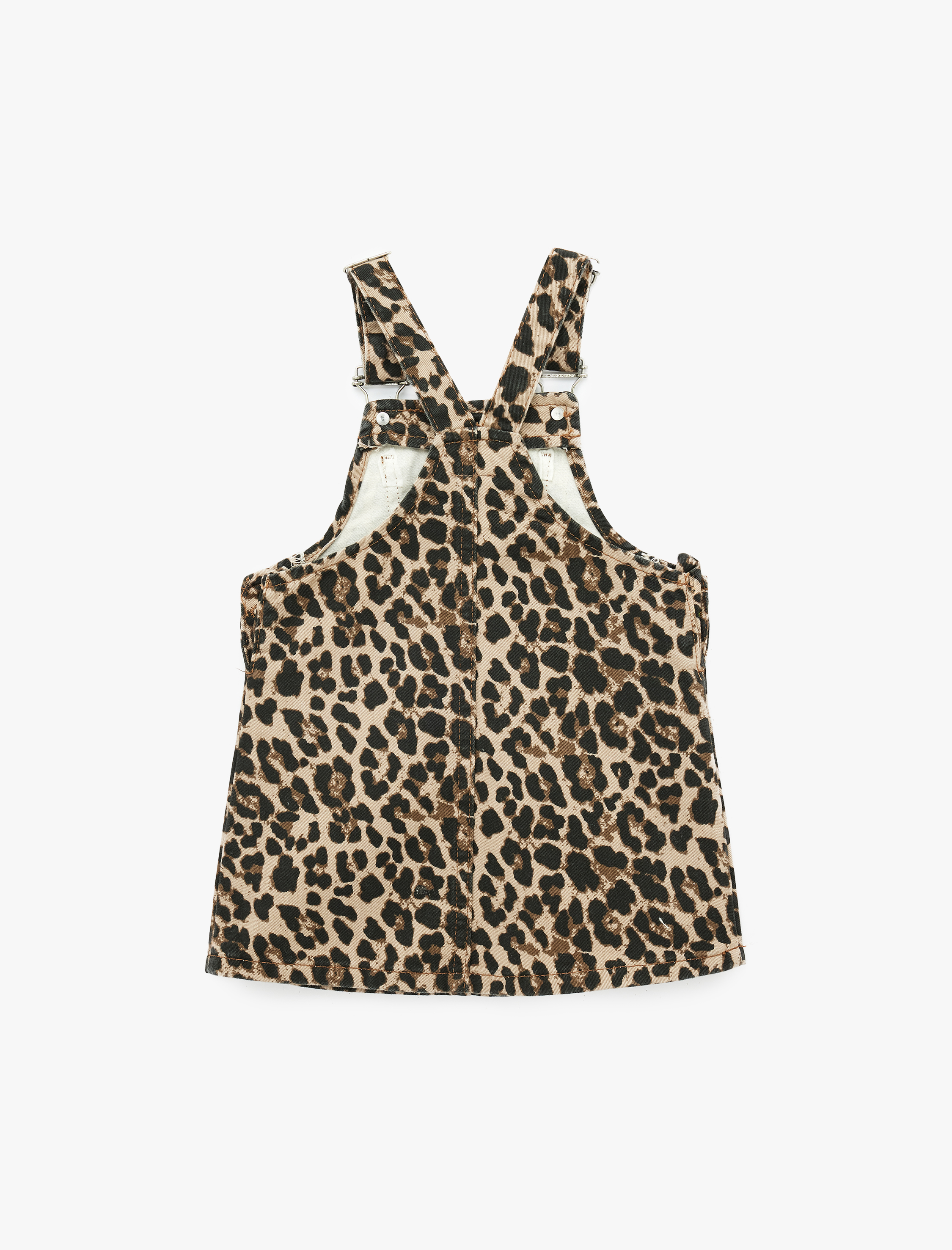  Kız Bebek Leopar Desenli Cepli Kare Yaka Askılı Denim Jile Elbise