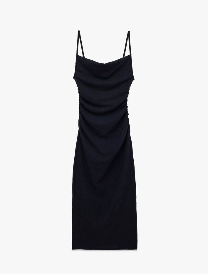  Bürümcük Kumaş Dokulu Slim Fit Drapeli Yırtmaçlı İnce Askılı Midi Kalem Elbise