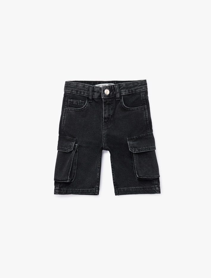 Erkek Çocuk Kapaklı Cep Detaylı Pamuklu Oversize Kargo Denim Şort