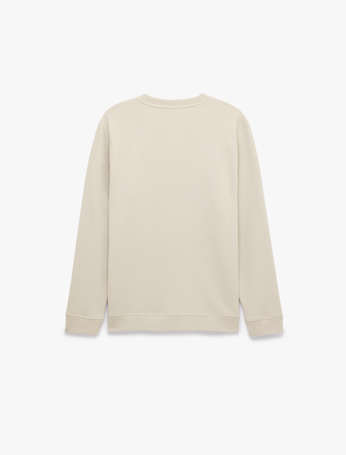  Pamuklu Waffle Dokulu Uzun Kollu Bisiklet Yaka Basic Sweatshirt