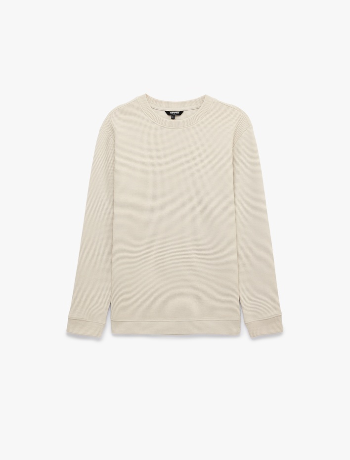  Pamuklu Waffle Dokulu Uzun Kollu Bisiklet Yaka Basic Sweatshirt