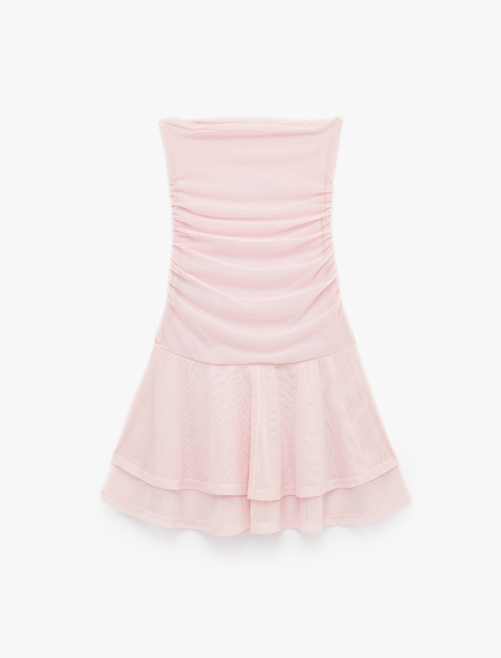  Drape Detaylı Bağlamalı Kat Kat Straplez Mini Elbise
