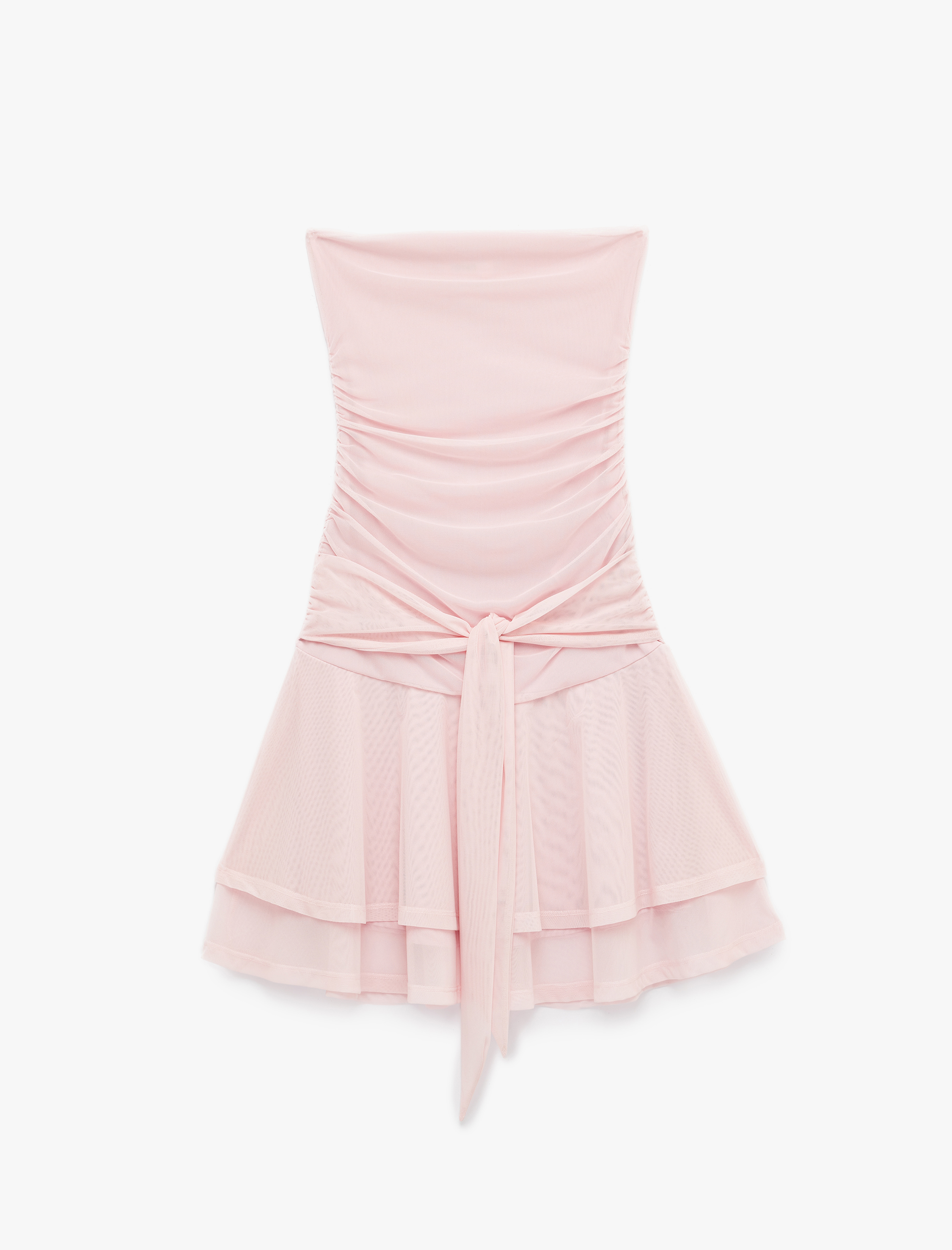   Drape Detaylı Bağlamalı Kat Kat Straplez Mini Elbise