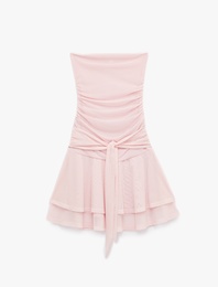 Drape Detaylı Bağlamalı Kat Kat Straplez Mini Elbise