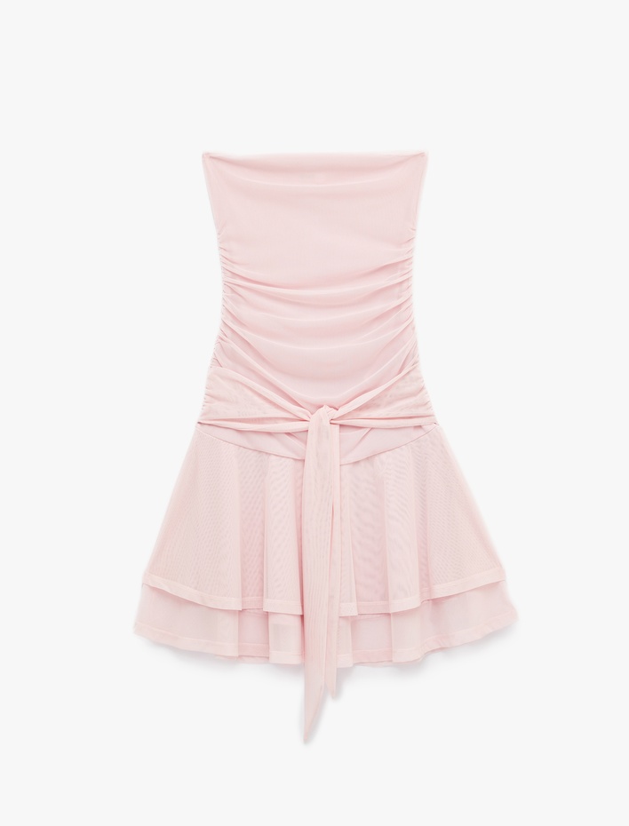  Drape Detaylı Bağlamalı Kat Kat Straplez Mini Elbise