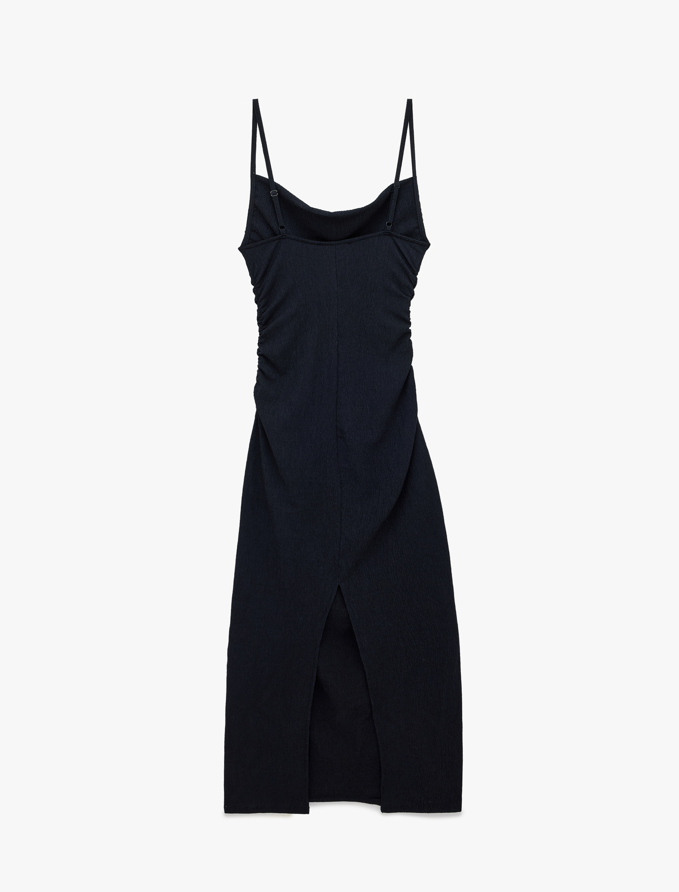   Bürümcük Kumaş Dokulu Slim Fit Drapeli Yırtmaçlı İnce Askılı Midi Kalem Elbise