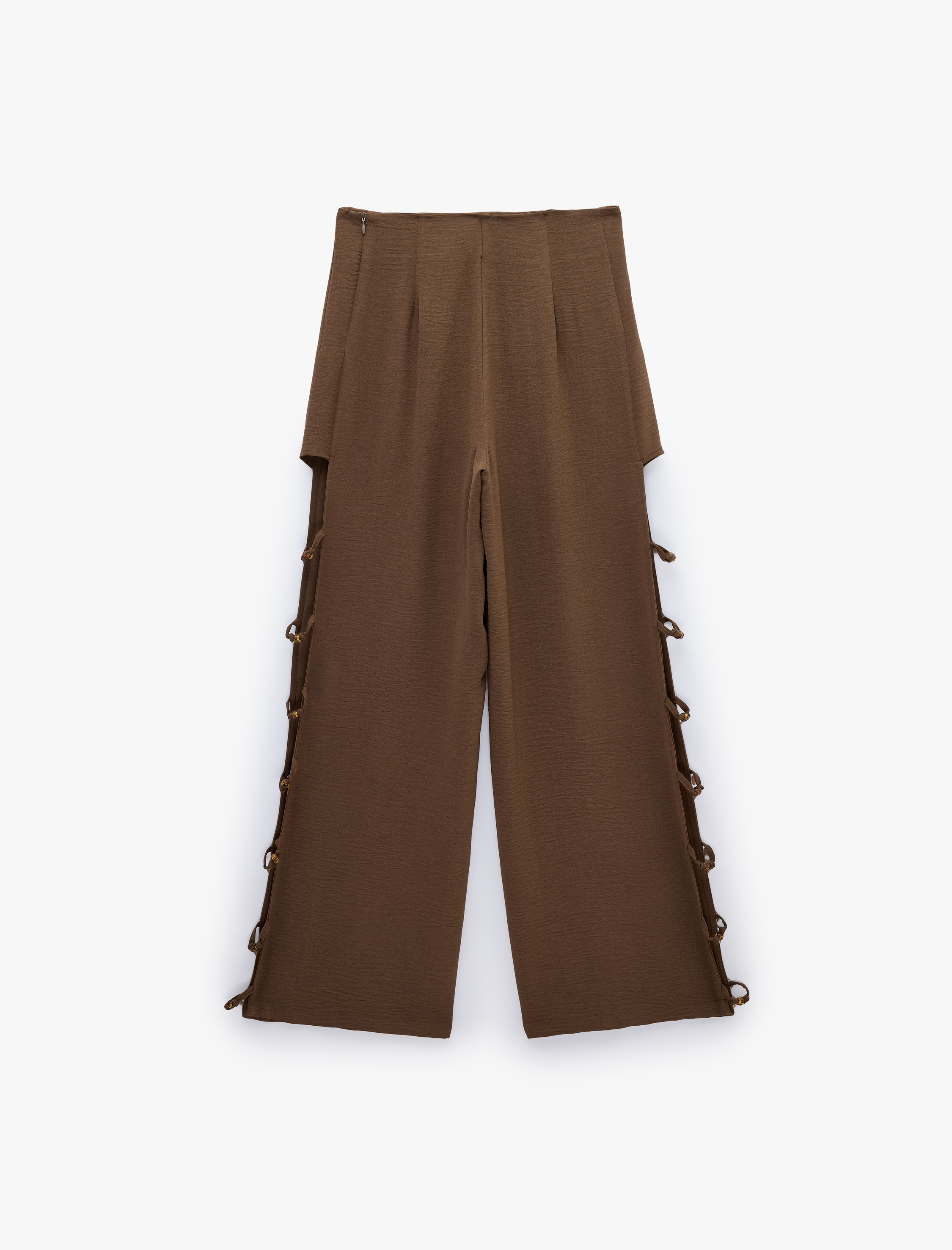   Keten Görünümlü Pencere Detaylı Boncuklu Geniş Paça Pantolon