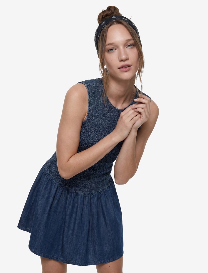  Pamuklu Kolsuz Bisiklet Yaka Gipeli Mini Denim Elbise