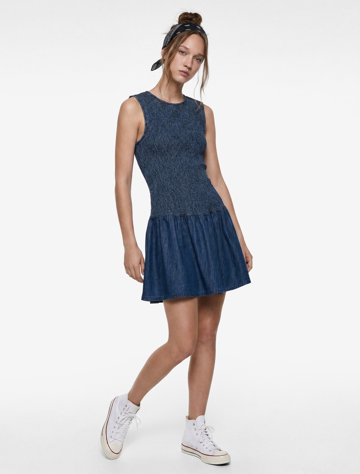  Pamuklu Kolsuz Bisiklet Yaka Gipeli Mini Denim Elbise