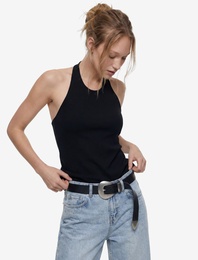 Slim Fit Bel Vurgulu Halter Yaka Kolsuz Peplum Bluz
