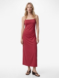 Slim Fit Drapeli Ön Yırtmaç Detaylı İp Askılı Midi Elbise